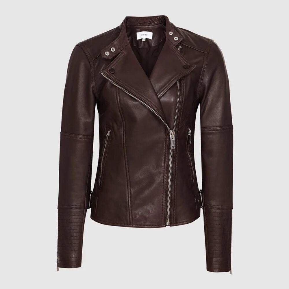 NWT Reiss Tallis Leather Biker Moto Jacket Plum Burgundy Size 0 Quiet Luxury